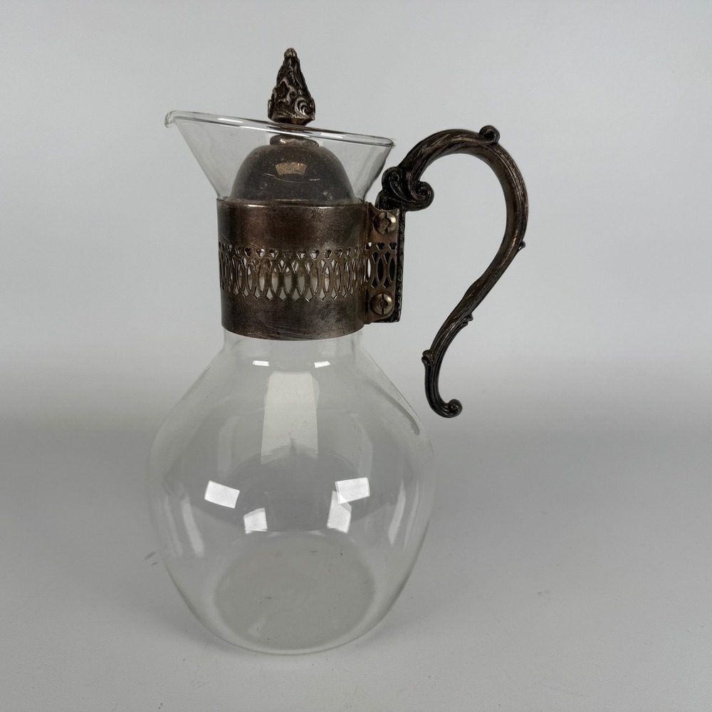 Vintage Glass Carafe Silver Tone Ornate Metal Handle Lid Coffee Pitcher Decanter